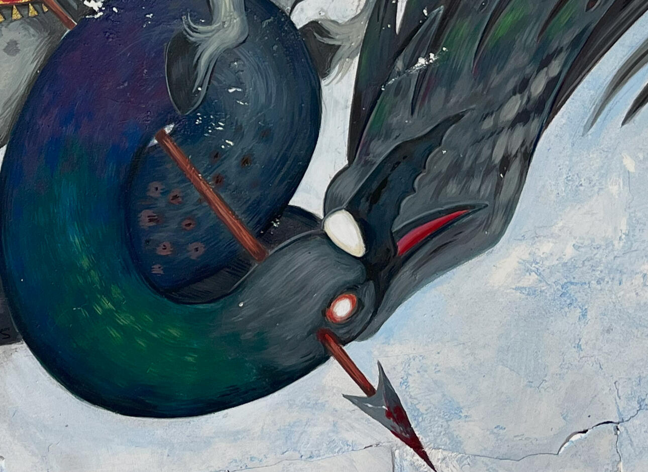 Saint George and the Pigeon (detail), 2024, Acrylic on Plaster and Wood Lathe.