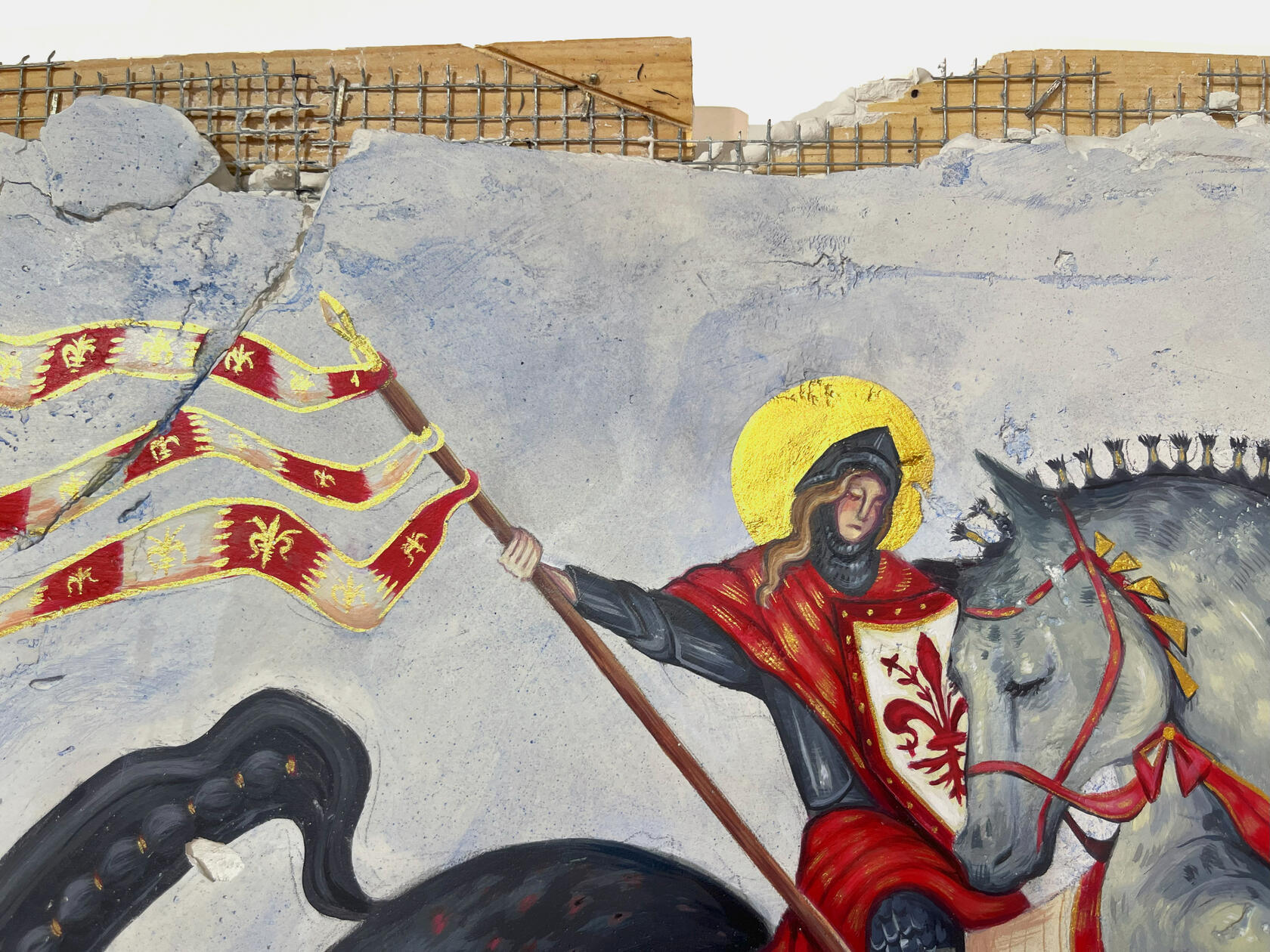 Saint George and the Pigeon (detail), 2024, Acrylic on Plaster and Wood Lathe.