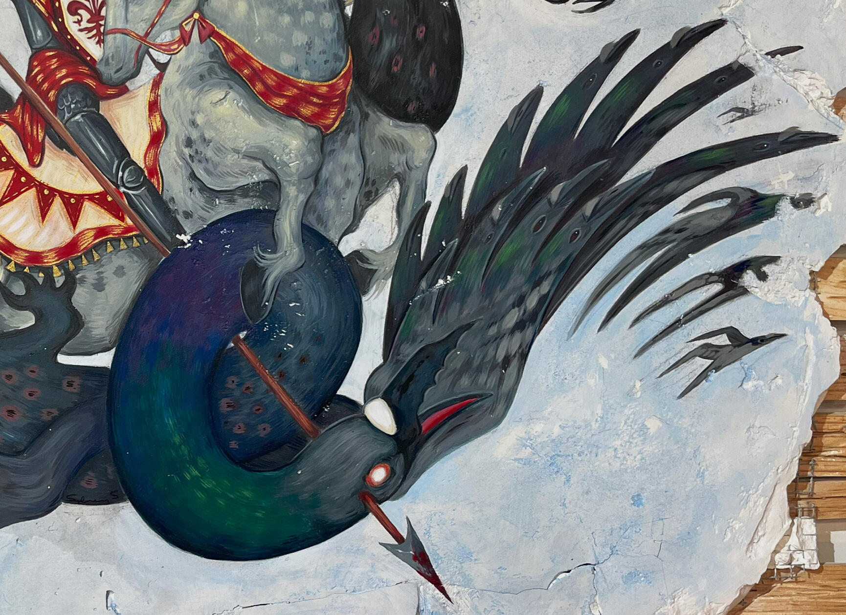 Saint George and the Pigeon (detail), 2024, Acrylic on Plaster and Wood Lathe.