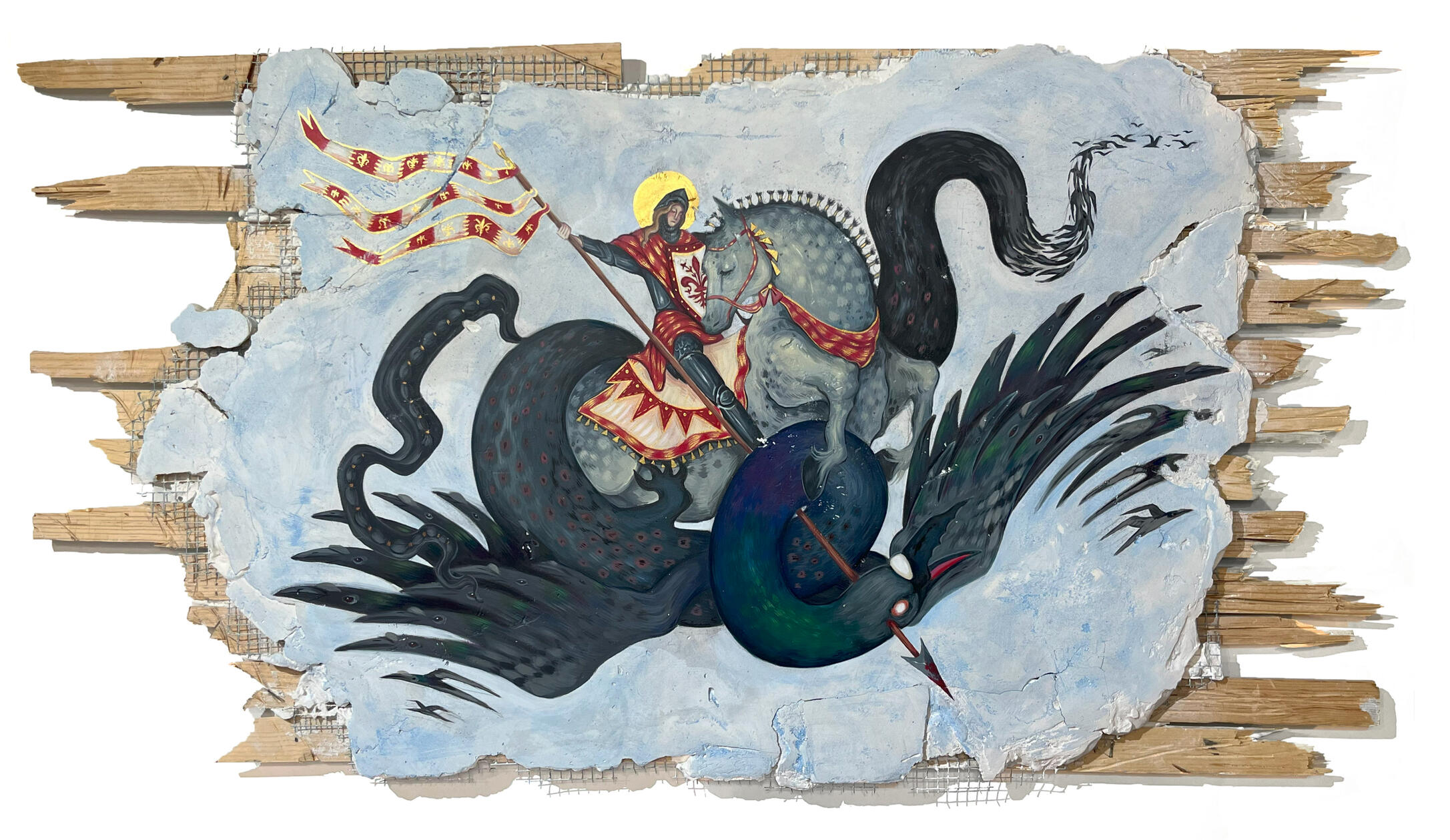 Saint George and the Pigeon, 2024, Acrylic on Plaster and Wood Lathe.